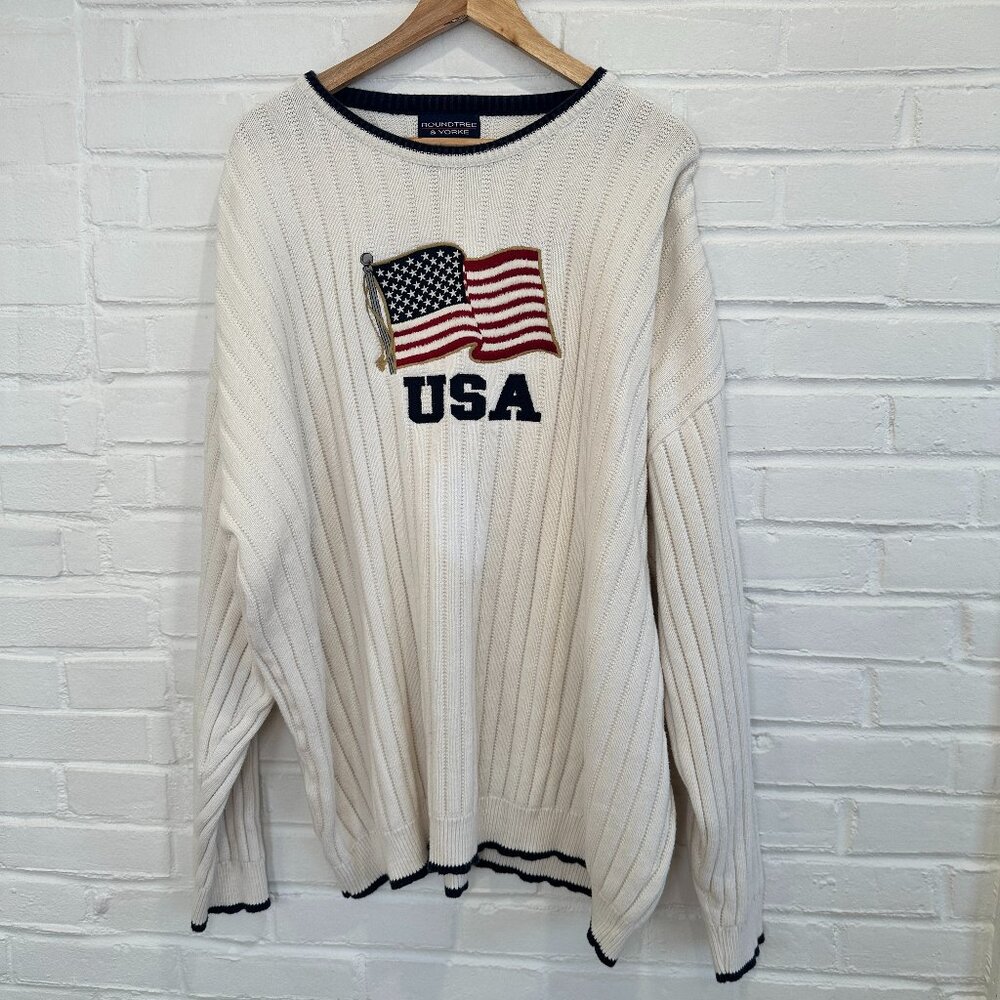Vintage 90s Made In USA Roundtree & Yorke Cable Knit Sweater USA Flag Men’s 3XL